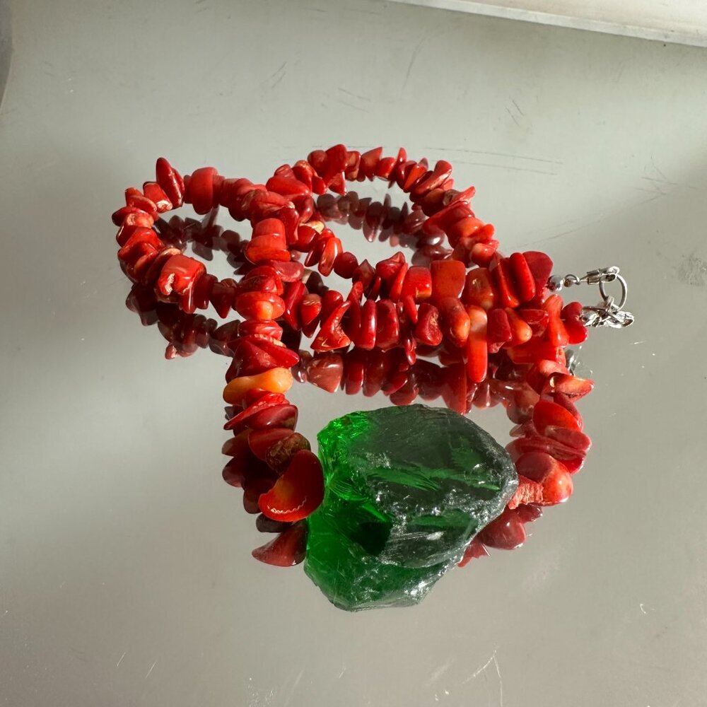 Green Sea Glass Red Coral Pendant Sterling Silver Necklace 925 Handmade Beach - Picture 7 of 11